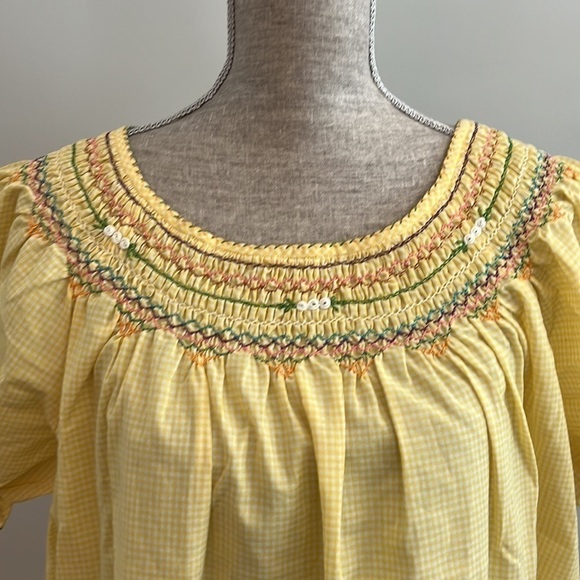 Extra Large lightweight yellow and white checkered printed dress w/ embroidery - Picture 2 of 8